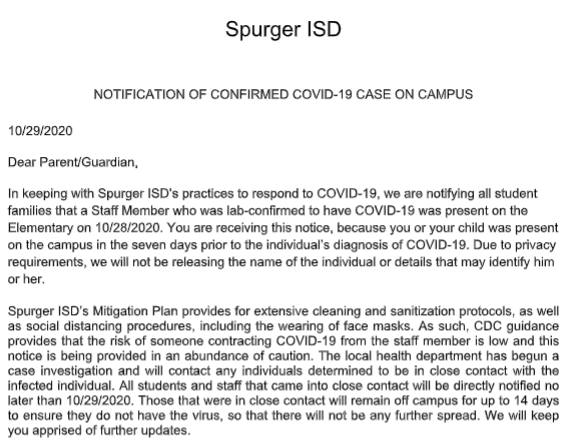 Covid Letter 10/29/2020